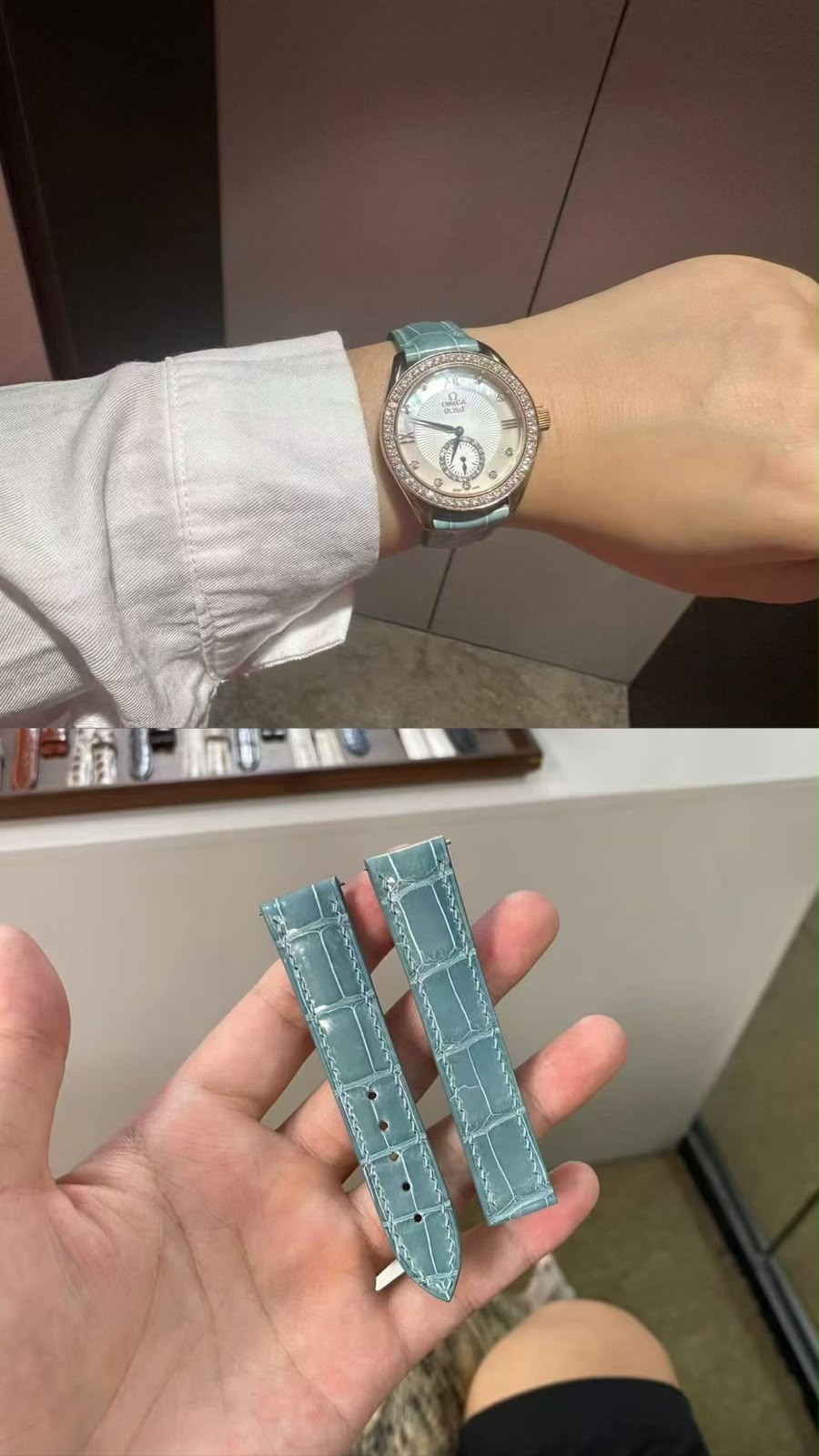 Light blue alligator strap on a diamond set watch