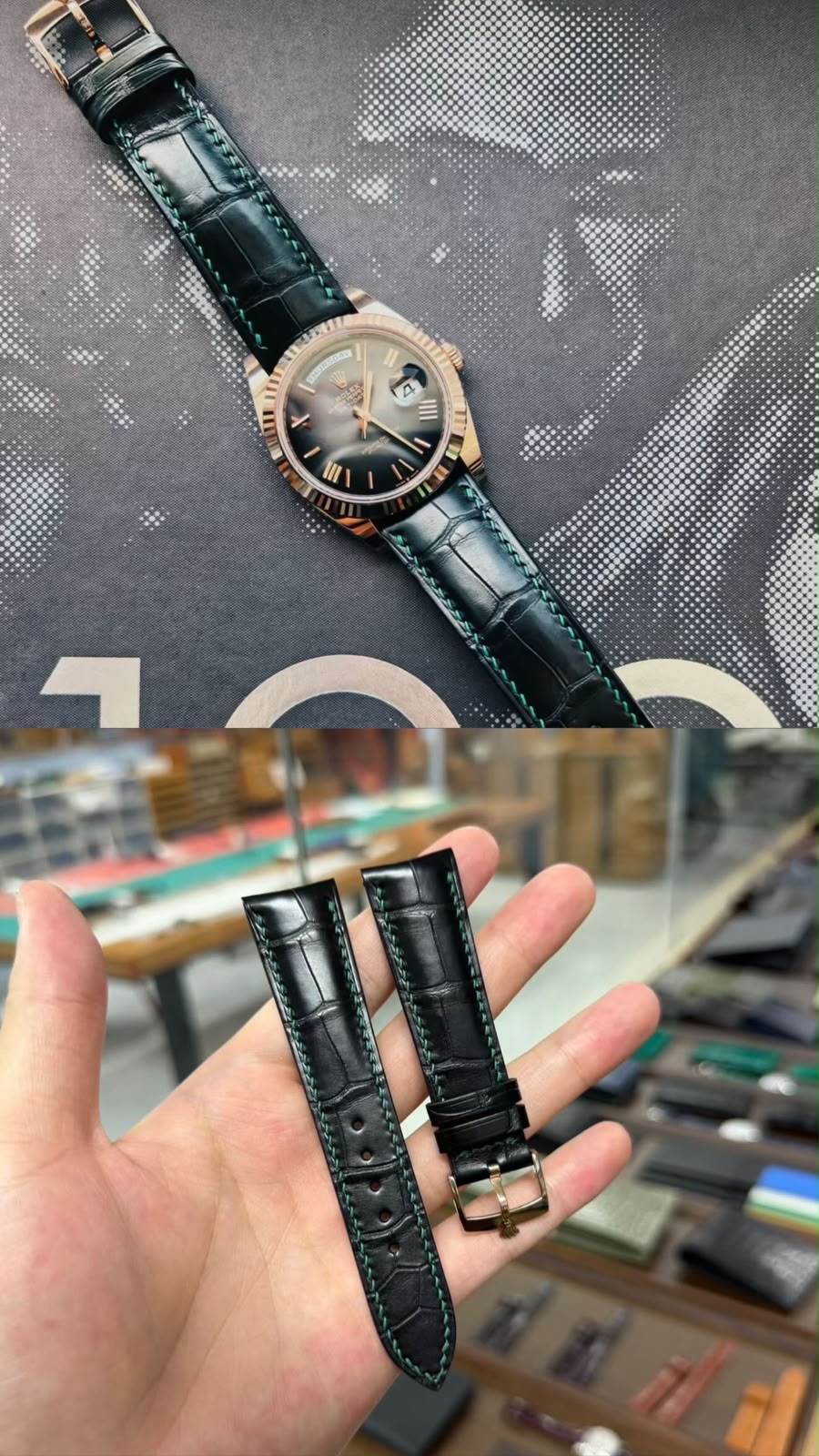 Black alligator strap with green stitching on a rose gold watch