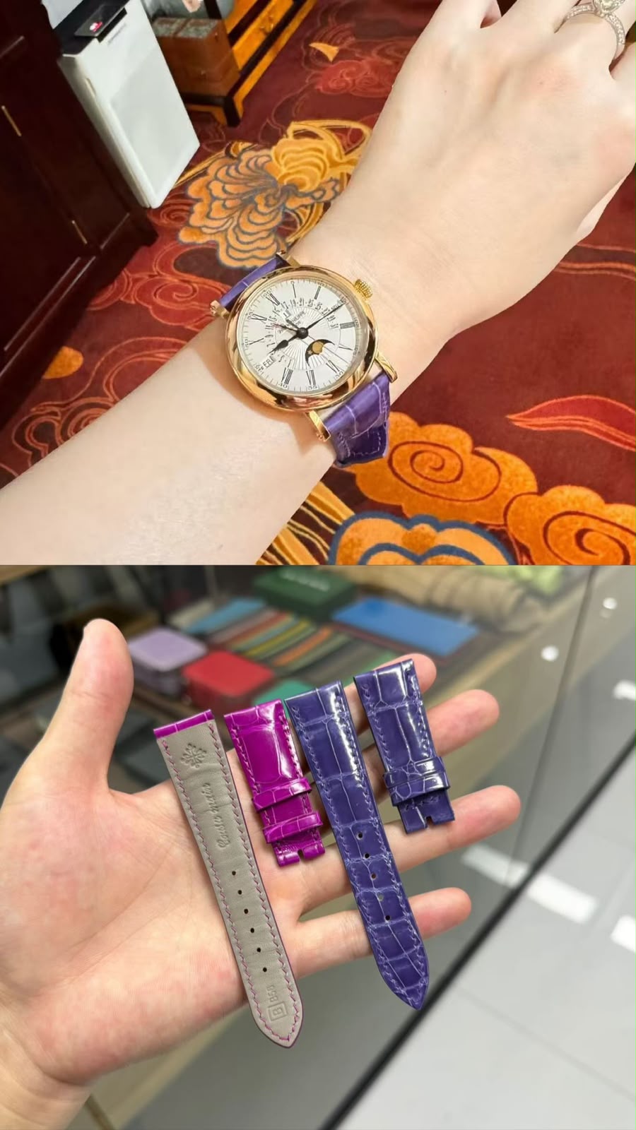 Purple and fuchsia alligator straps, one fitted to a gold dress watch