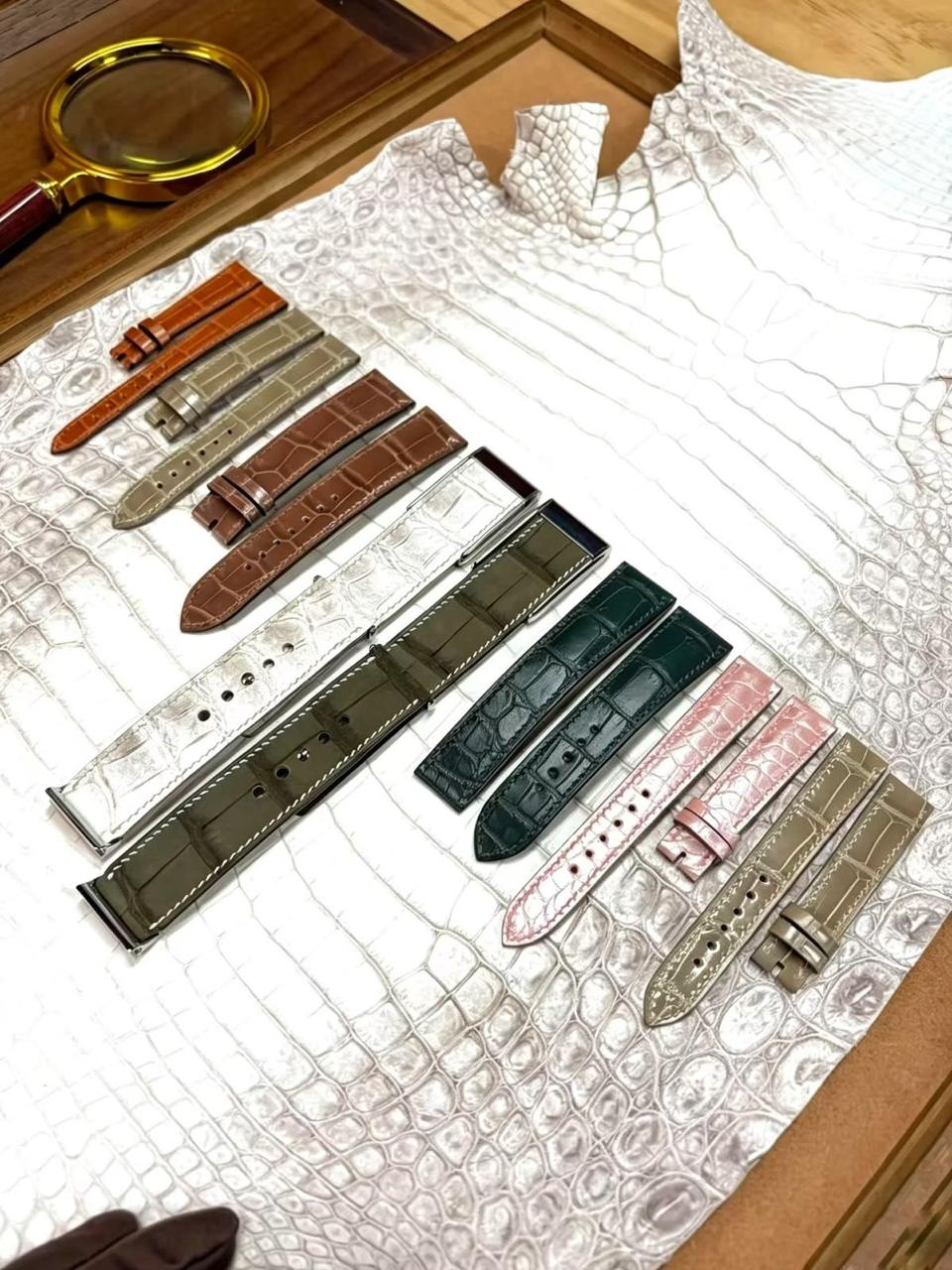 Crocodile leather watch straps in tan, grey, brown, green and pink