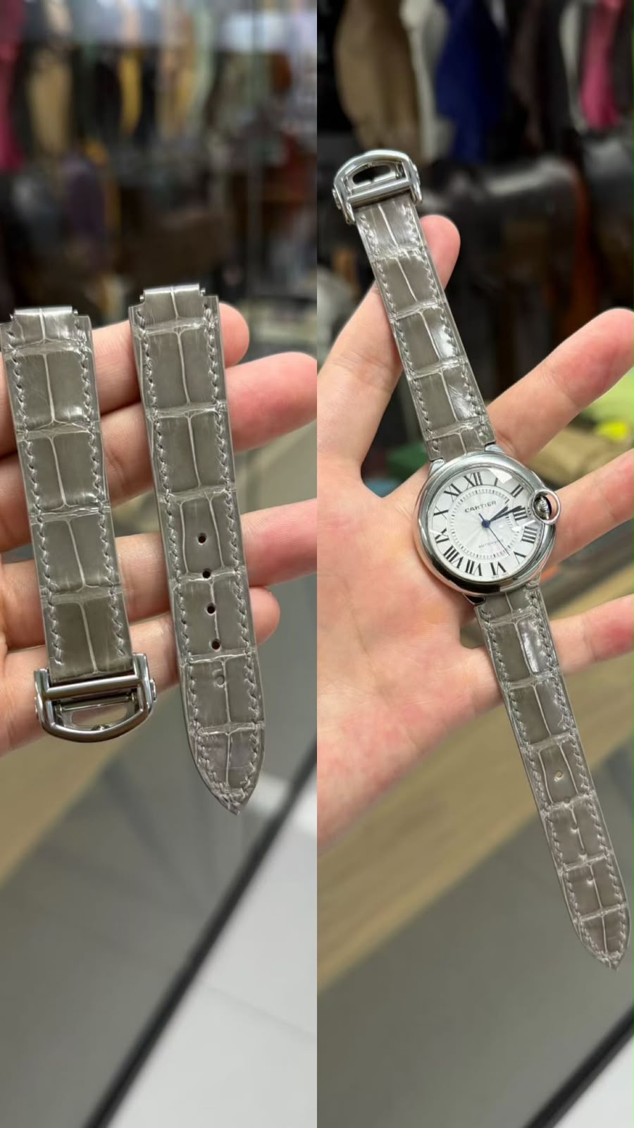 Grey alligator strap with a steel deployant buckle