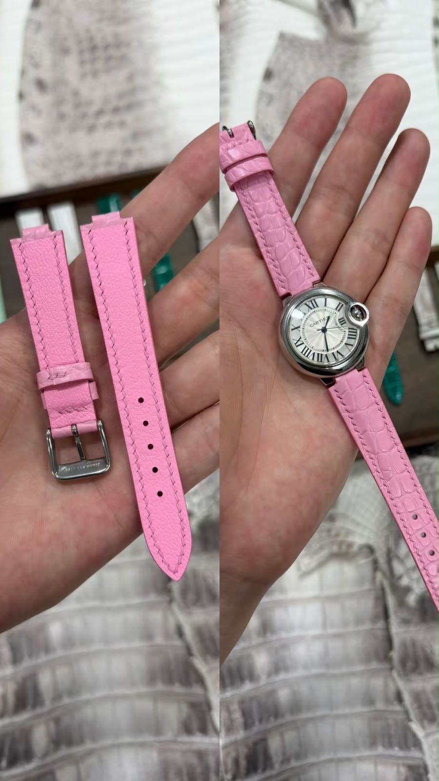 Pink alligator strap fitted to a steel watch