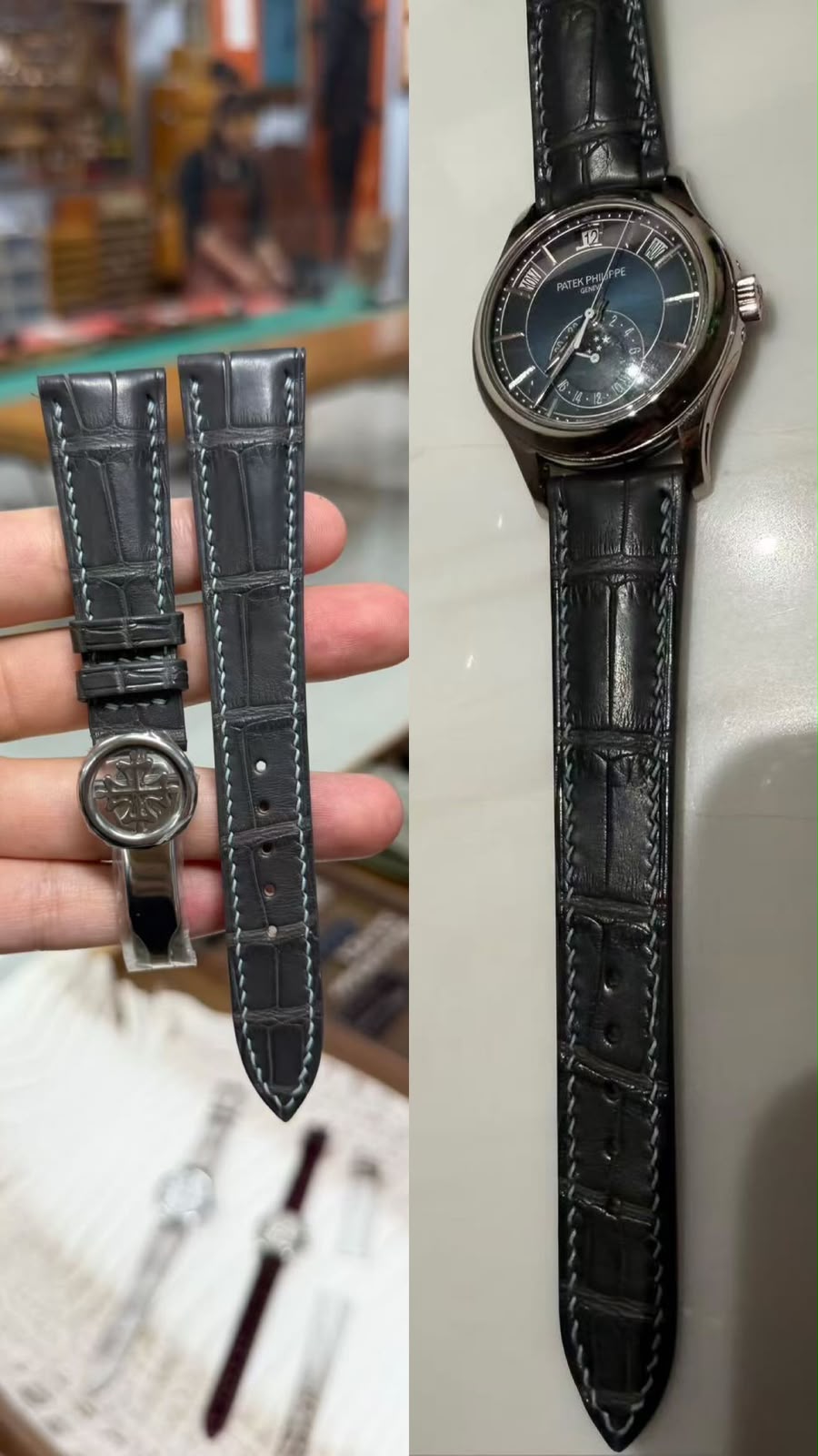 Slate alligator strap with contrast stitching on a white gold watch