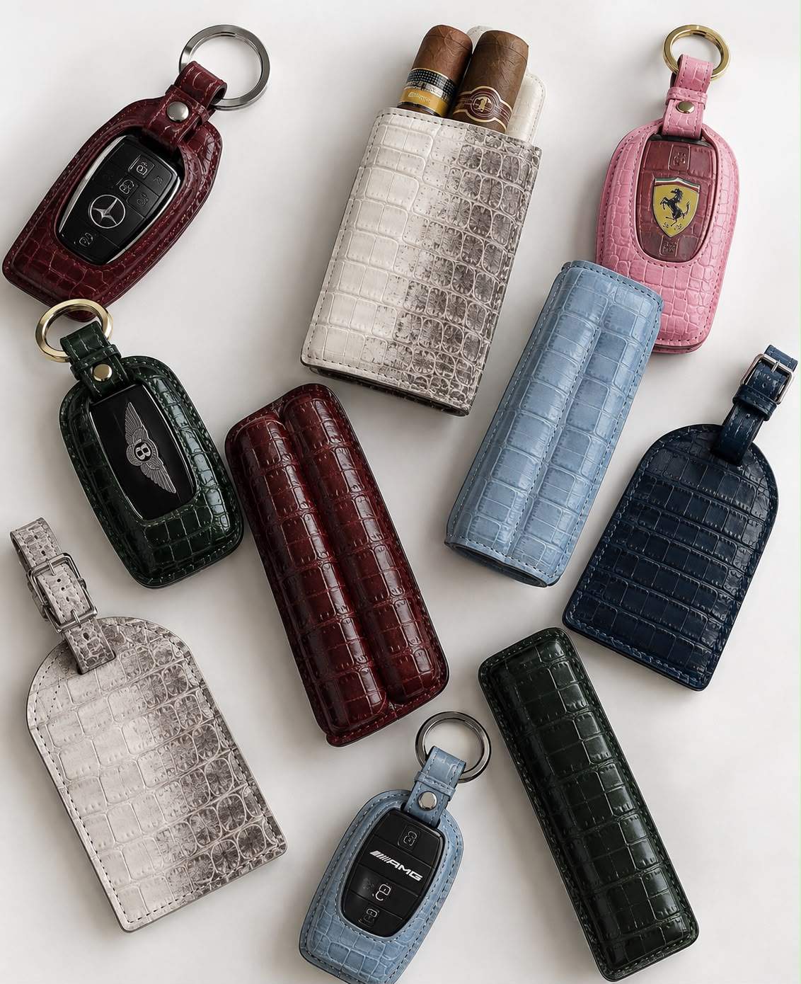 Crocodile leather key cases, cigar cases and luggage tags