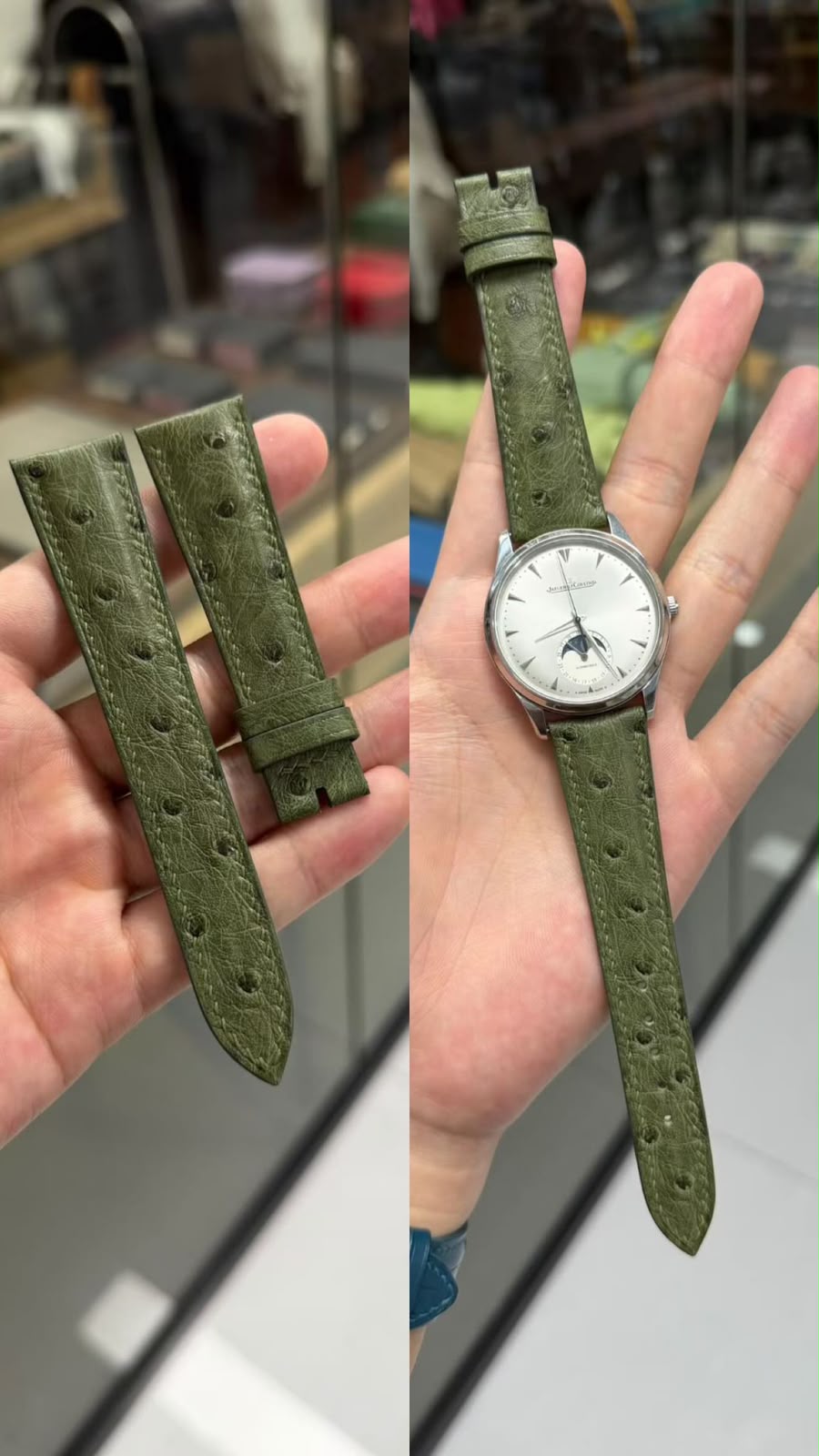 Olive green ostrich strap fitted to a steel dress watch