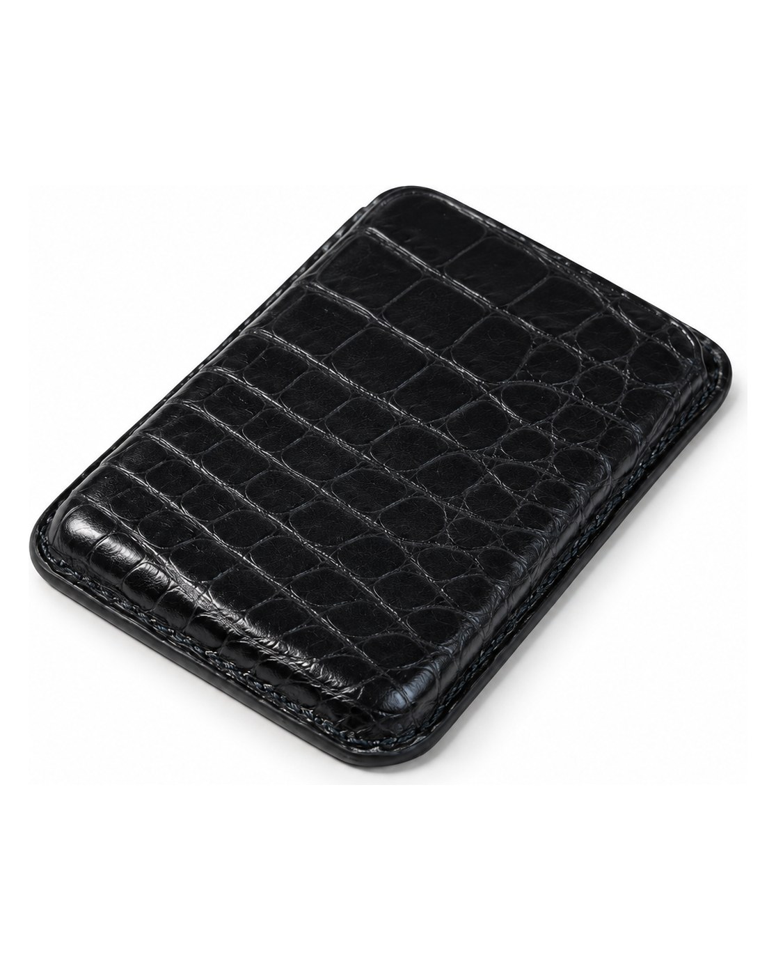 Black crocodile leather magnetic card case, angled